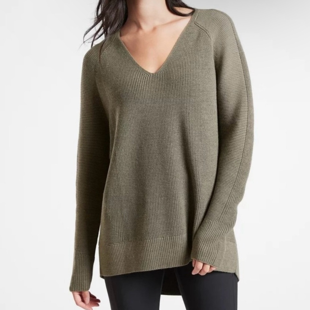 Athleta Olive Green V-Neck Ribbed Sweater